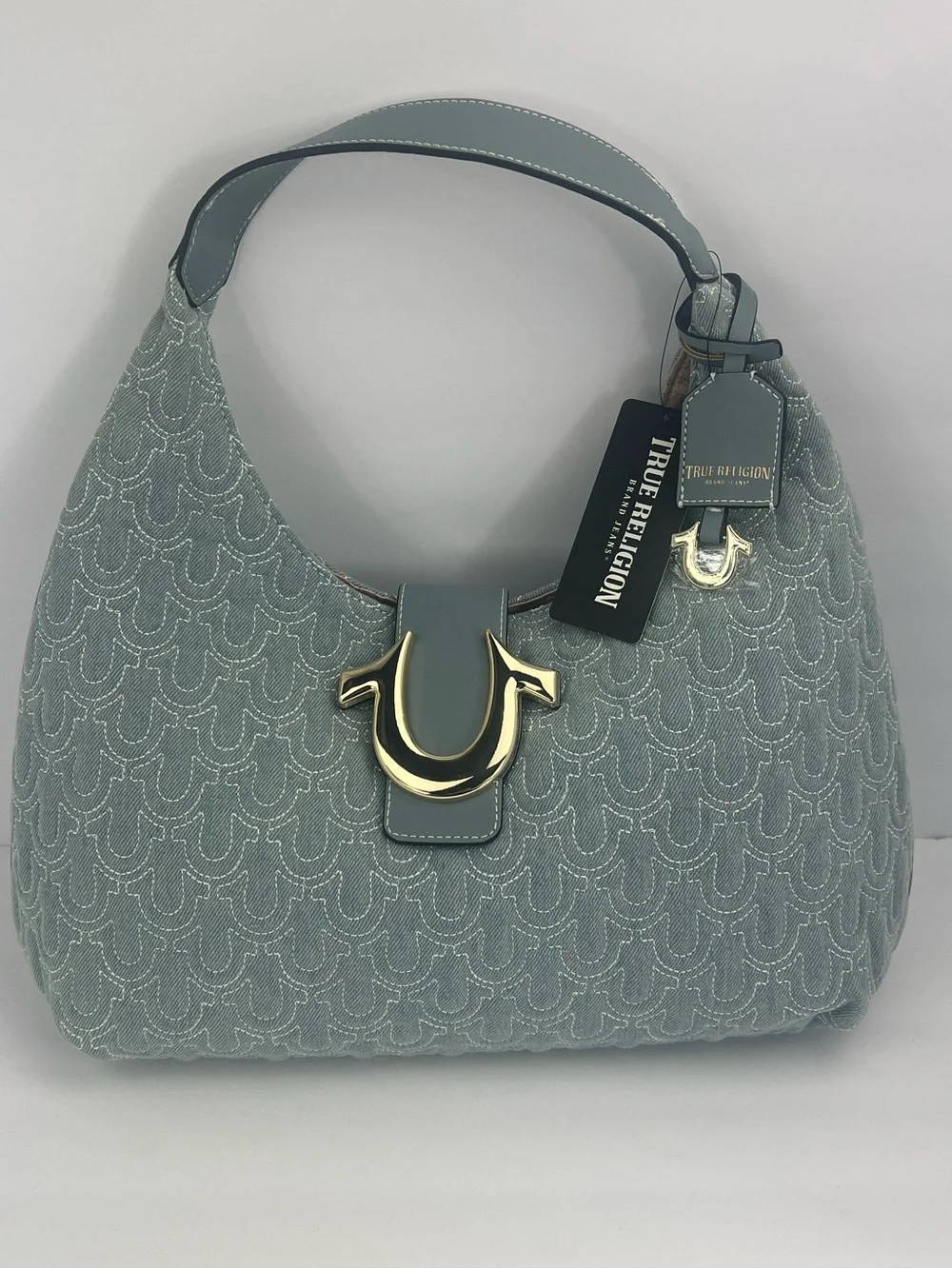 TRUE RELIGION QUILTED HORSESHOE LARGE DENIM HOBO, 50% COTTON, 50% Polyester